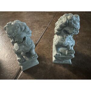 Vintage Hand-Carved Chinese Marble Stone Foo Dog Lion Statues - 21in H x 8in W x